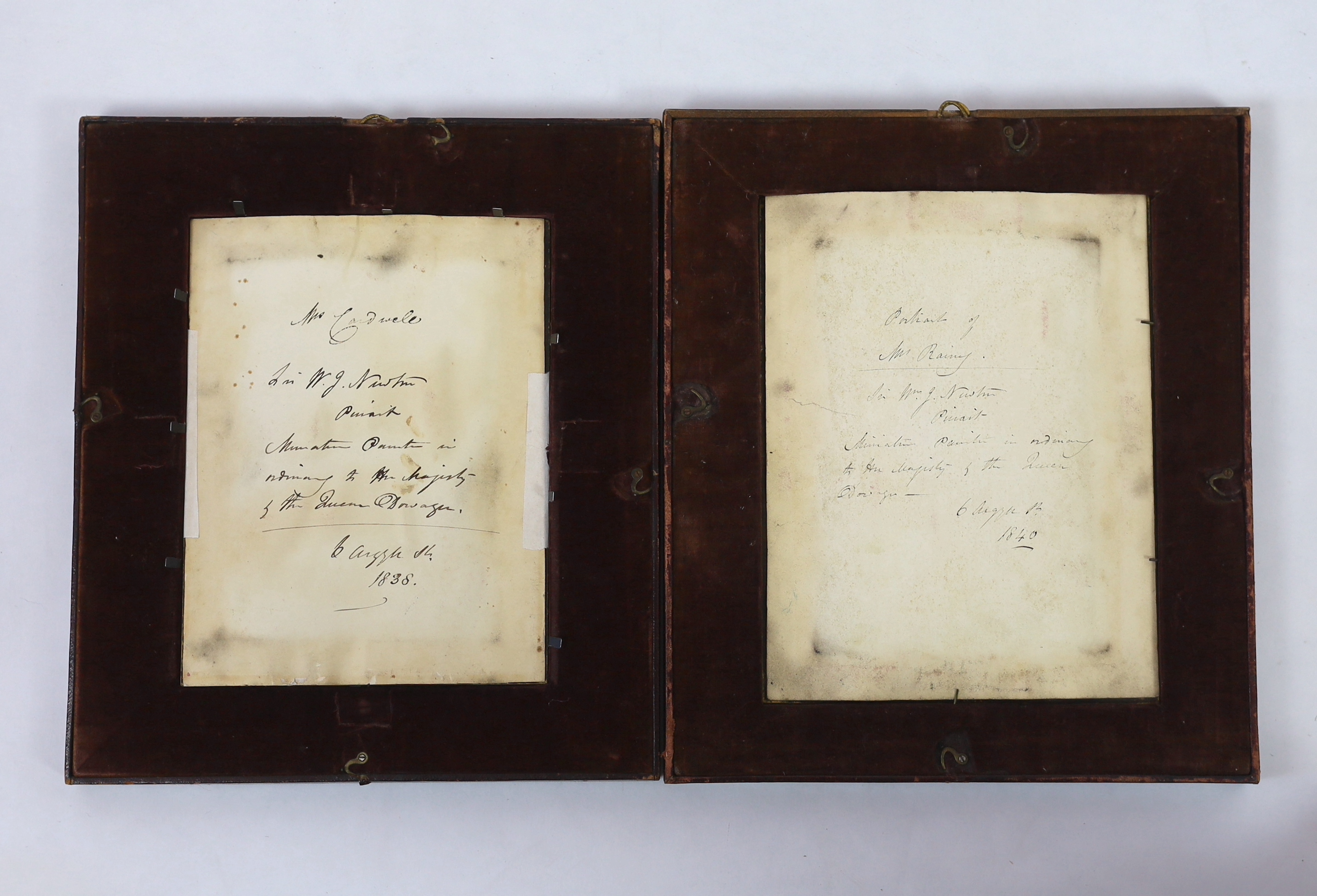 Sir William John Newton (British, 1785-1869), Miniatures of Mrs Cardwell & Mrs Rainy, pair of watercolours on ivory, 16.5 x 12cm. Ivory submission reference: B44HLLJJ and 7MNPC5LD